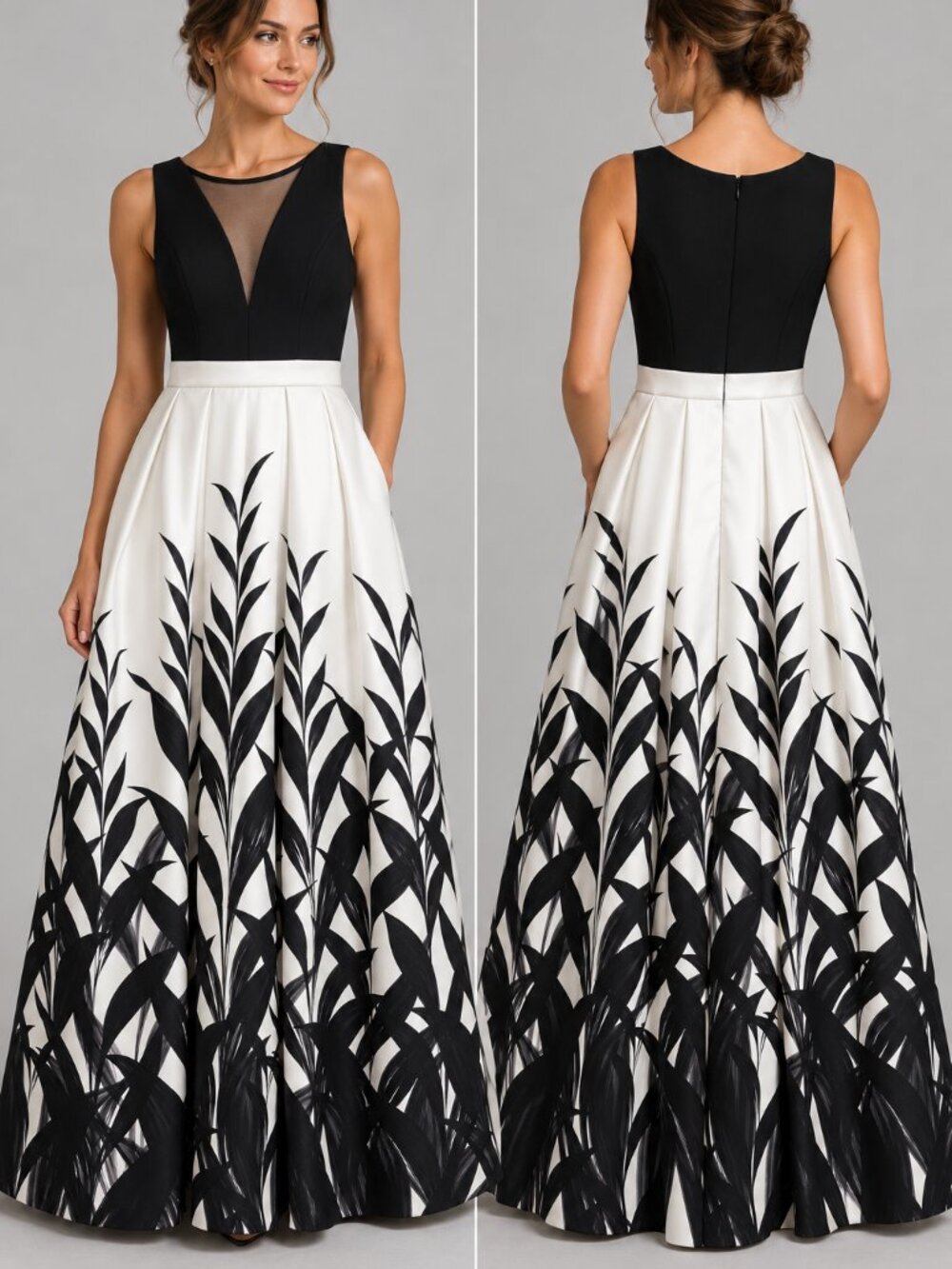 Black & White Botanical Floral Formal A-line Evening Gown Juniors Size 3